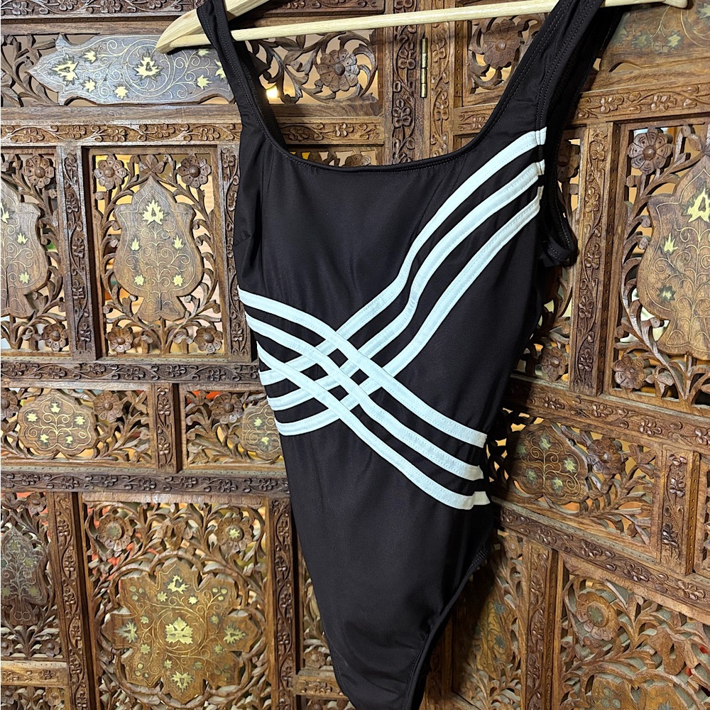 Brown and White Striped Swimsuit